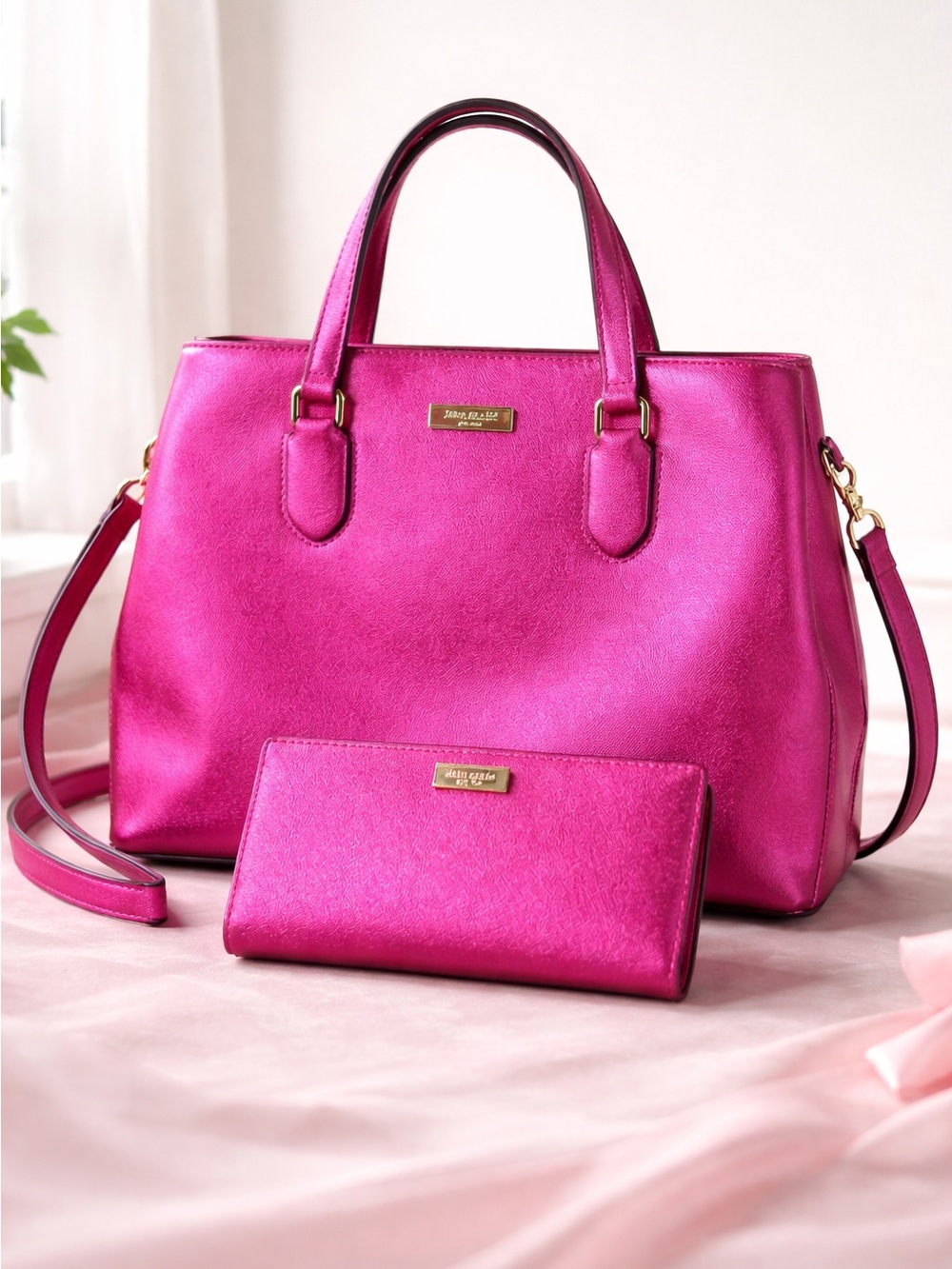 Kate Spade Evangelie Laurel Way Fuschia Metallic Crossbody Satchel & Wallet Set